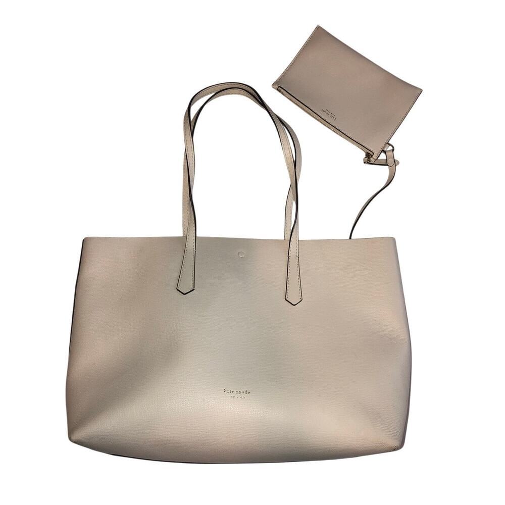 Kate Spade White Leather Tote Large Molly With Small Pouch Summer Bag Work - Picture 2 of 8